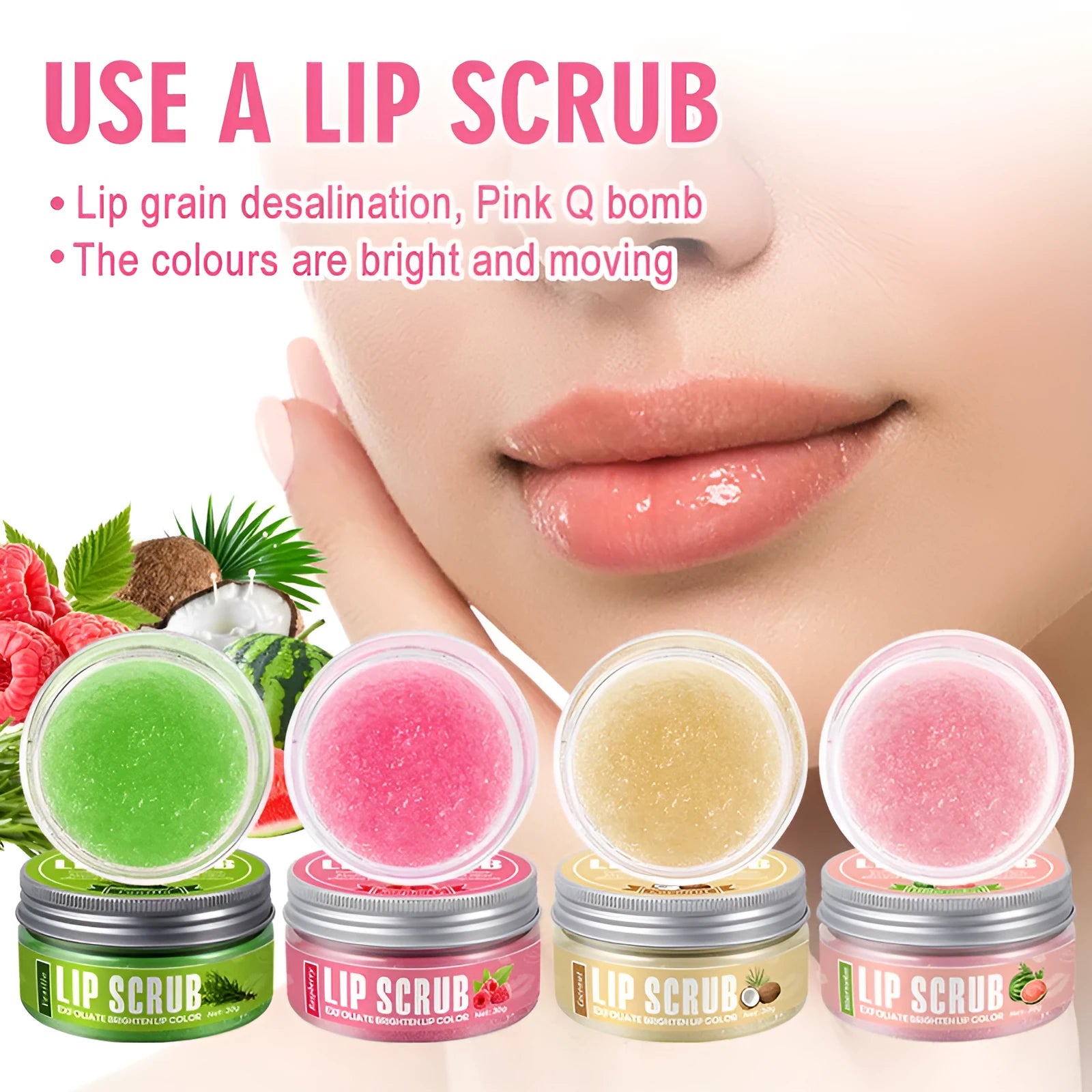 Amatoni Lip Scrub pot in Coconut, Raspberry, Vanilla, or Watermelon flavour, 30g net weight.