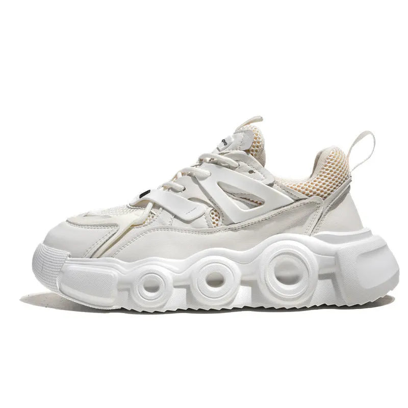 Men's low-top casual sneakers with mesh upper and thick rubber sole in black, grey, or white.