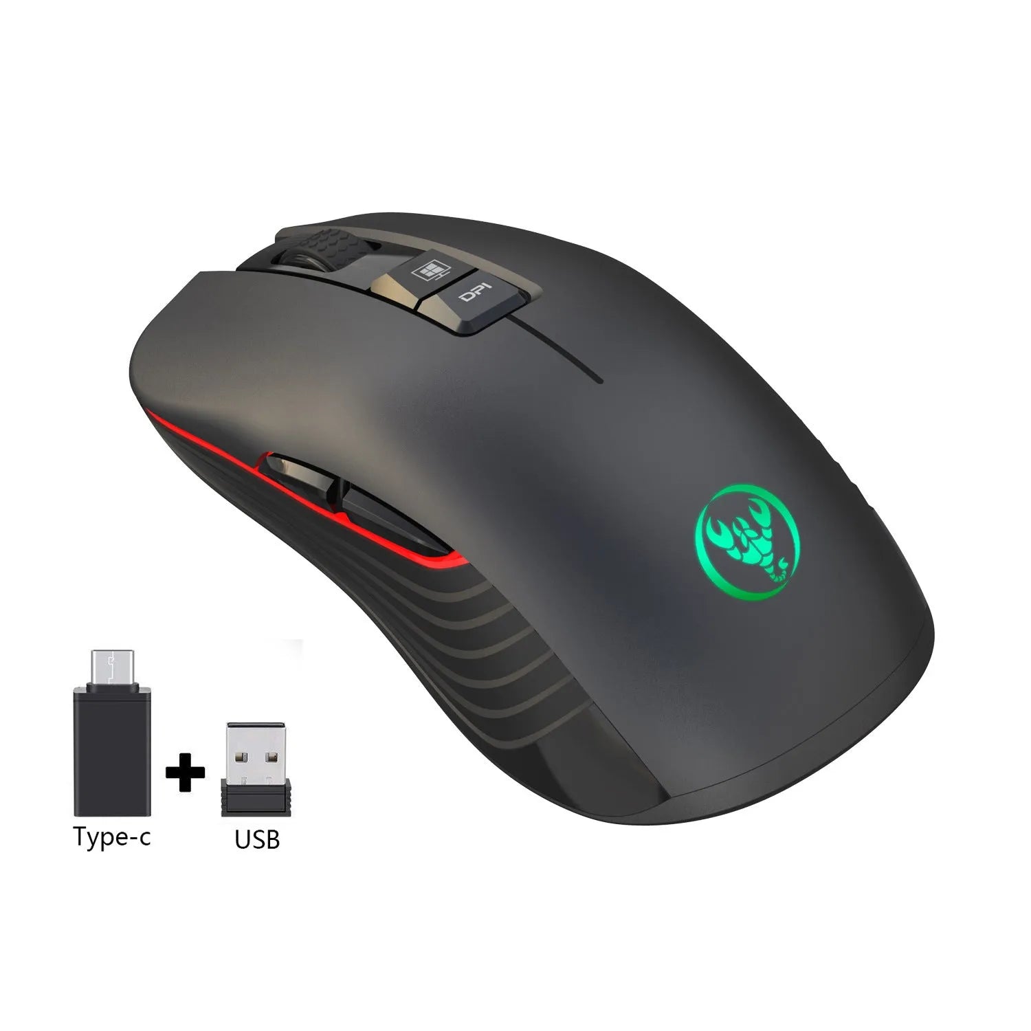 Black wireless gaming mouse with RGB lighting and ergonomic shape on desktop