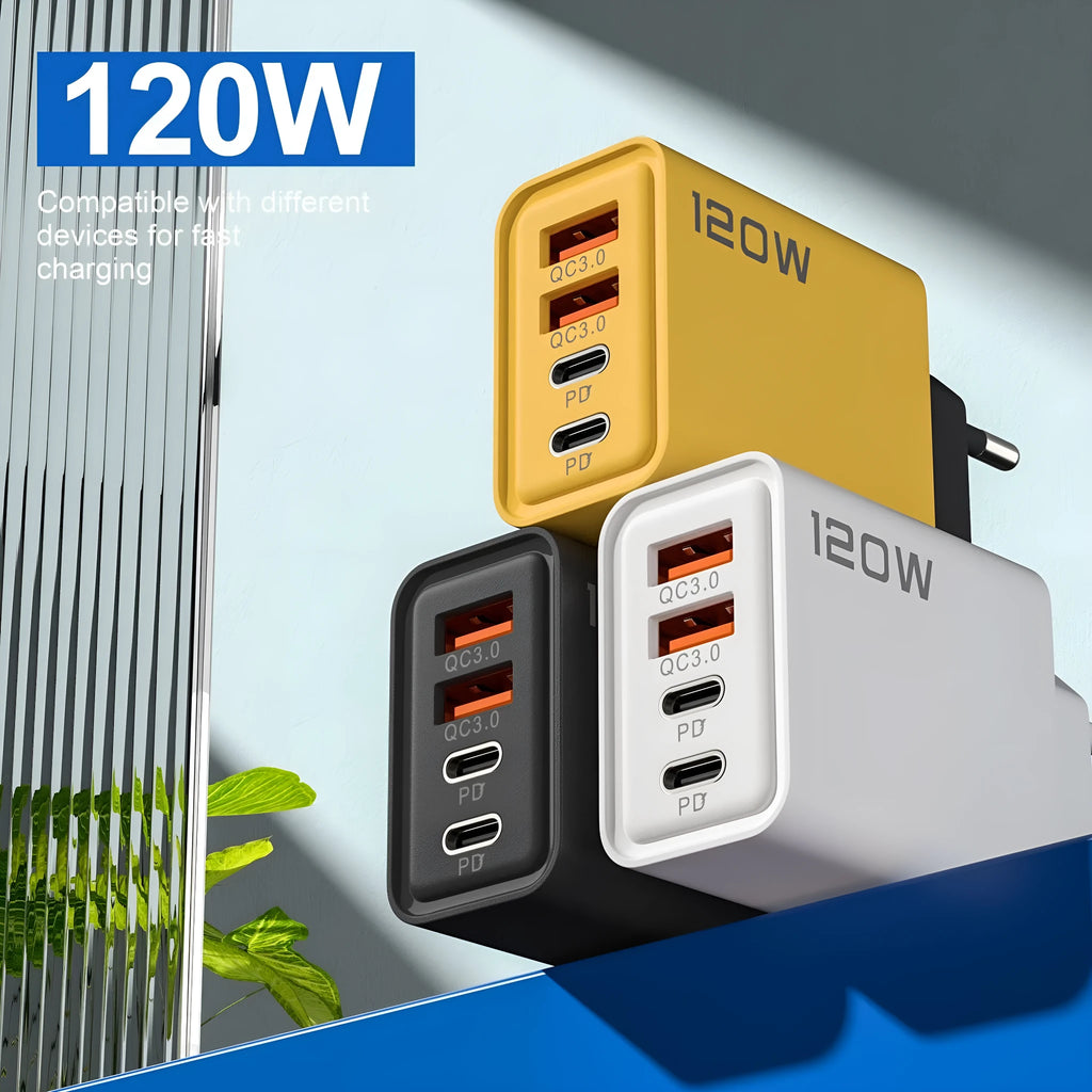 120W dual PD dual USB charger in black with interchangeable UK EU US plugs