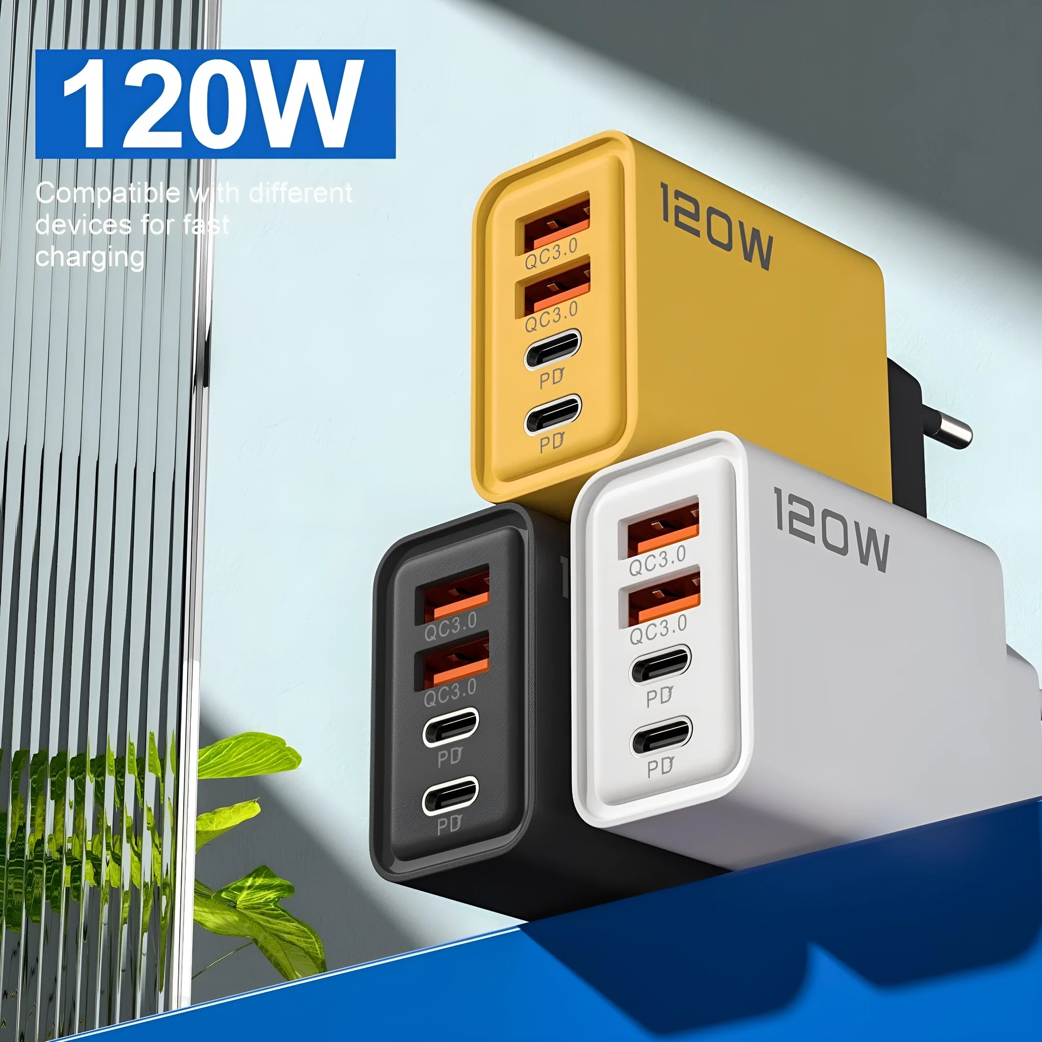 120W dual PD dual USB charger in black with interchangeable UK EU US plugs