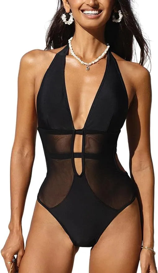 Black women's one-piece swimsuit with V-neck and mesh hanging neck detail