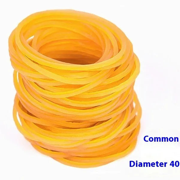 500g pack of yellow rubber bands showing various diameters from 16mm to 70mm