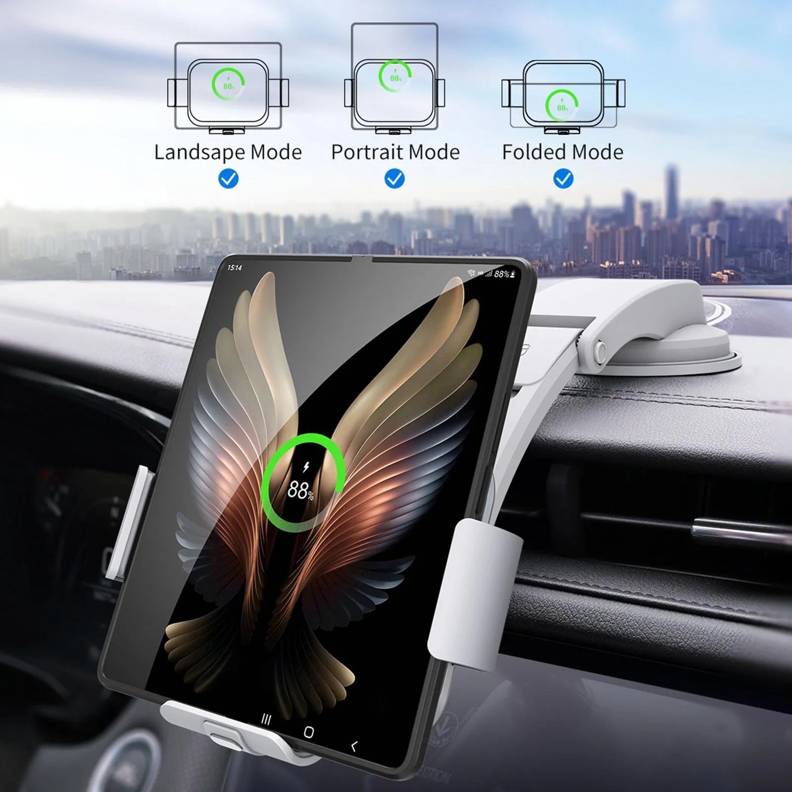 Grey wireless charging car phone holder with folding screen showing air vent clip and suction cup mounting options