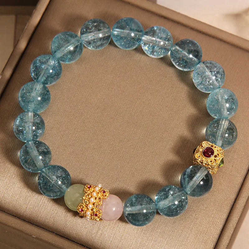 Blue cube sugar crystal Chinese style bracelet on flexible diamond ring for women