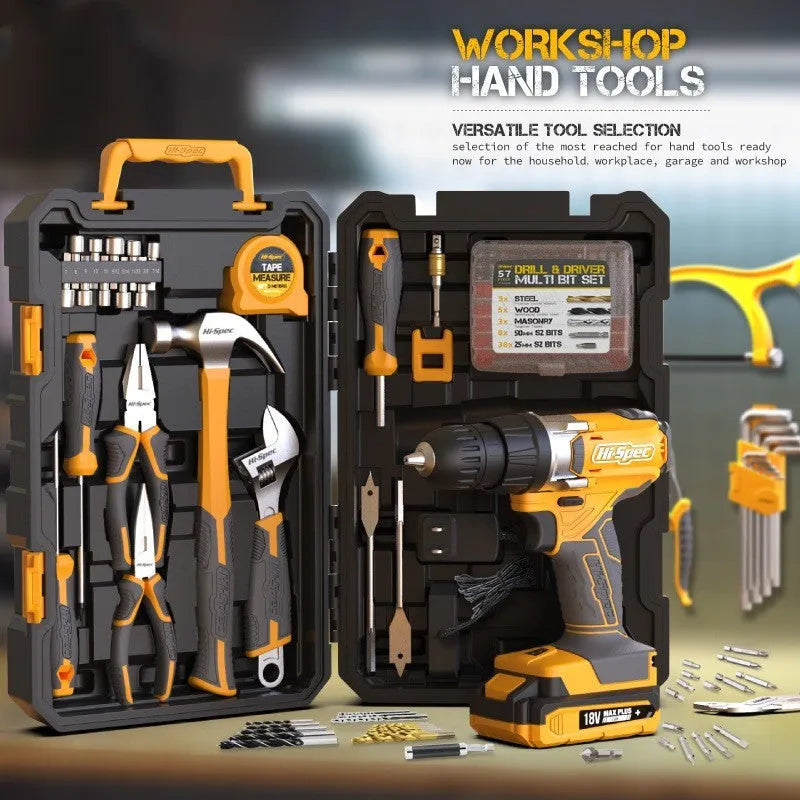 Grey yellow US-style case containing an 82-piece chrome-vanadium steel tool combo set for home repair.