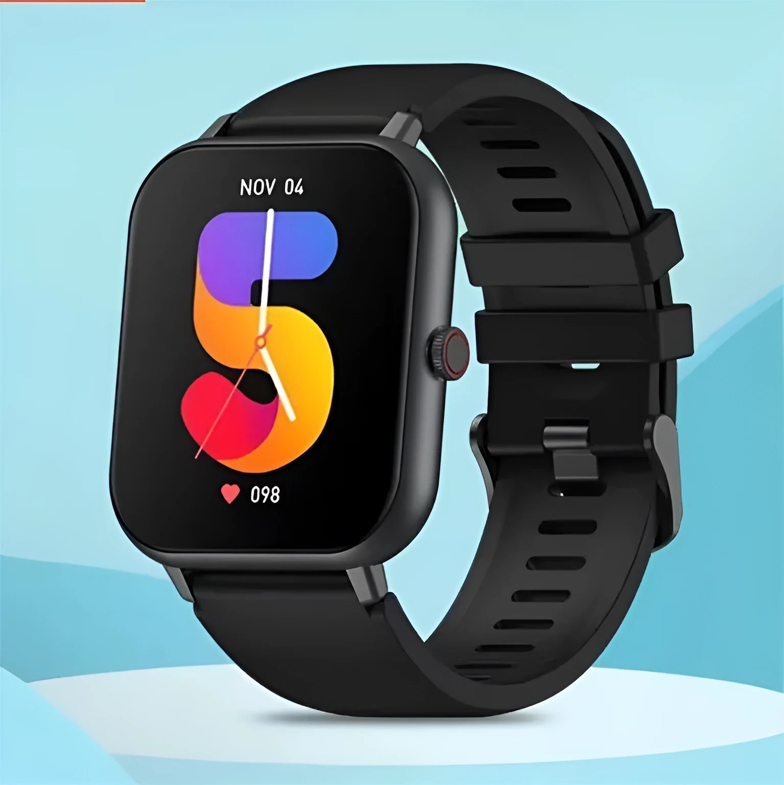 Bluetooth smart watch with touch screen showing heart rate monitor, in black, silver grey, pink, or khaki.