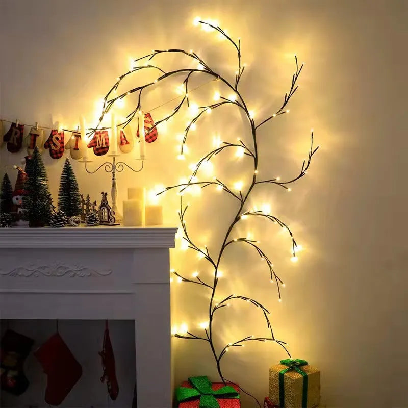 Flexible LED vine garland with birch bark texture and 144 warm white lights bent into decorative shape
