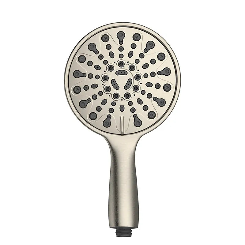 Six-function handheld shower head with electroplated finish, showing 6-inch diameter and American-style design.