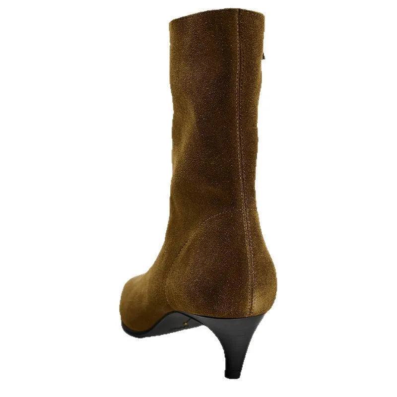 Brown square toe ankle boots with a side zip and a mid kitten heel on a plain background.