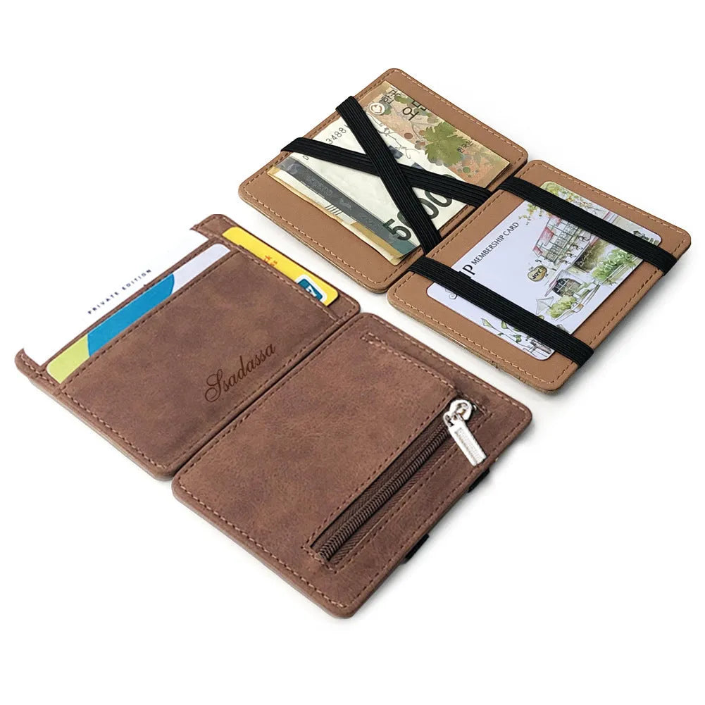 Korean style matte leather magic wallet in horizontal square shape, showing coin pocket and sewing line detail.