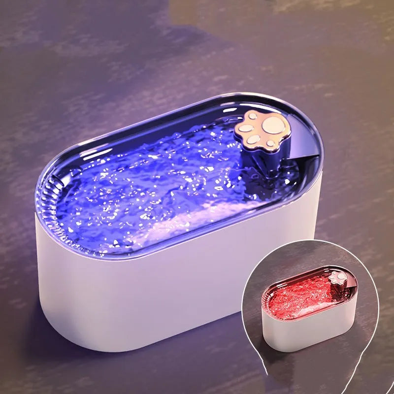 Blue automatic pet water fountain with 3-litre capacity, filtration system, and LED indicator light