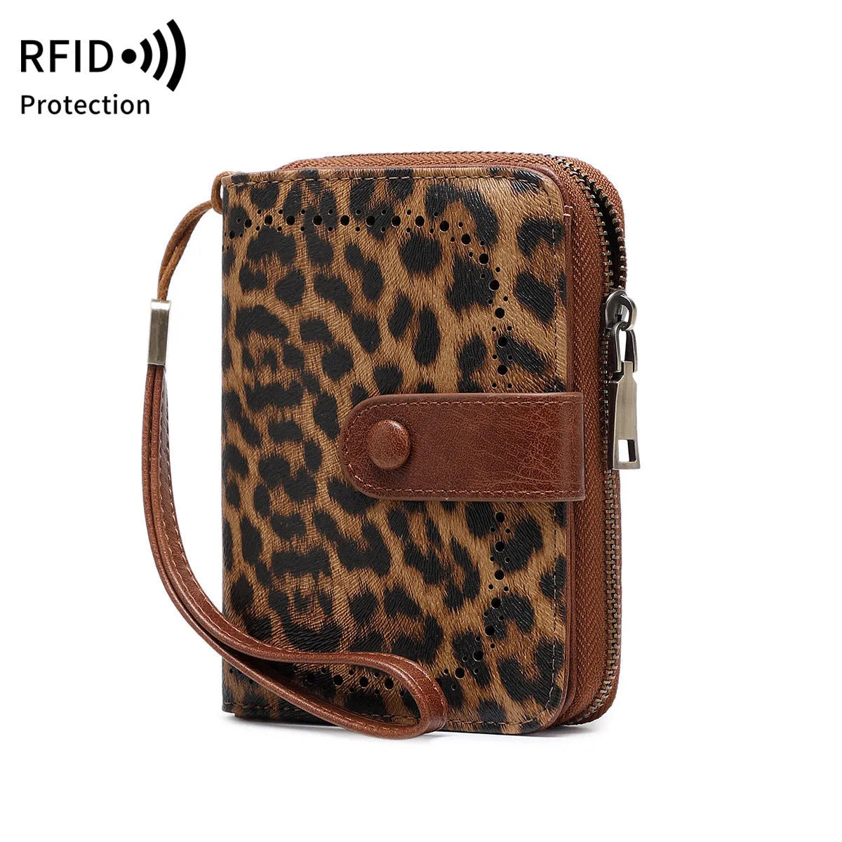 Leopard print small retro wallet with zipper closure and hollow stitching details
