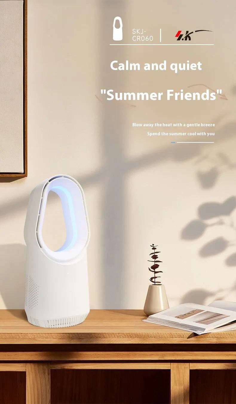 SK white bladeless tower fan with touch screen controls and remote for floor or desk placement