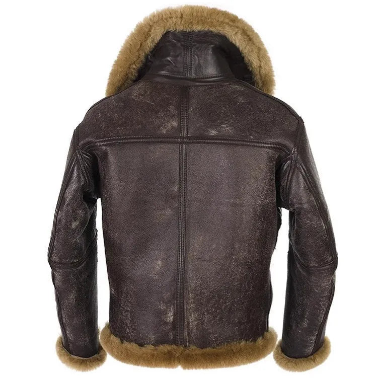 Men's brown retro fur coat with synthetic leather trim, medium length straight hem, and side seam pockets