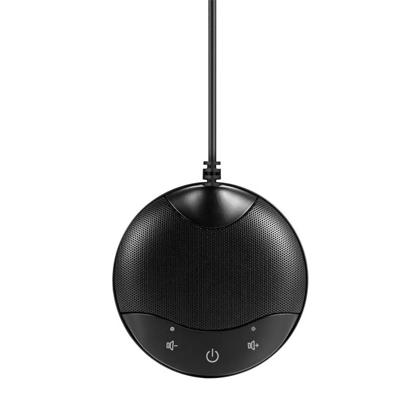 Black USB condenser microphone for conferences and gaming measuring 9x9x1.7cm