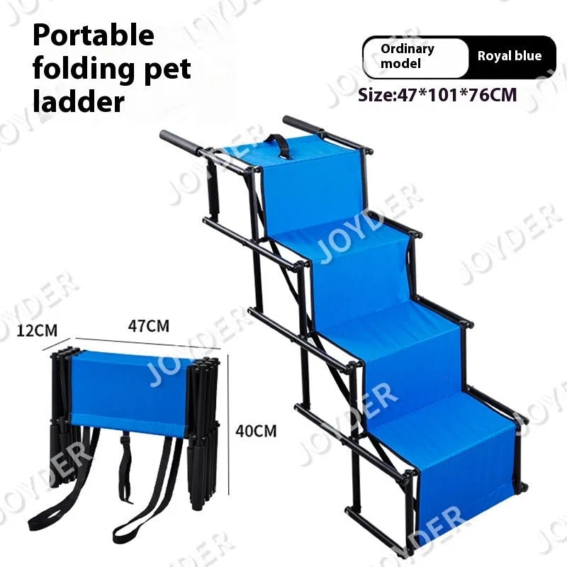 Stainless steel folding dog ladder in navy blue, unfolded showing four steps.
