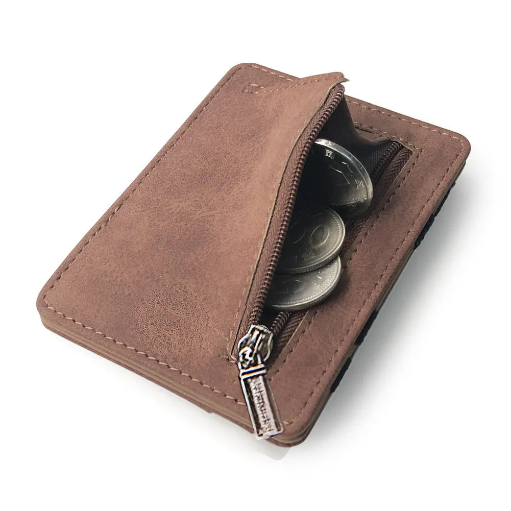 Korean style matte leather magic wallet in horizontal square shape, showing coin pocket and sewing line detail.