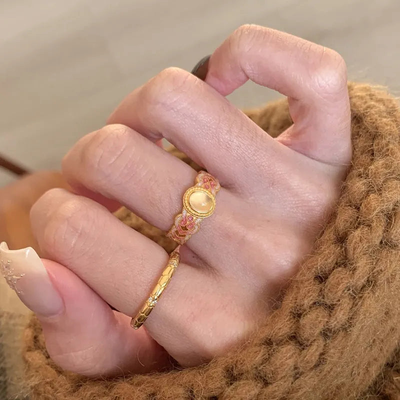 Pink crystal enamel geometric open ring for women with gold plated finish