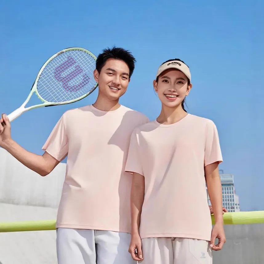 Men's solid colour loose fit short sleeve polyester t-shirt on a hanger.