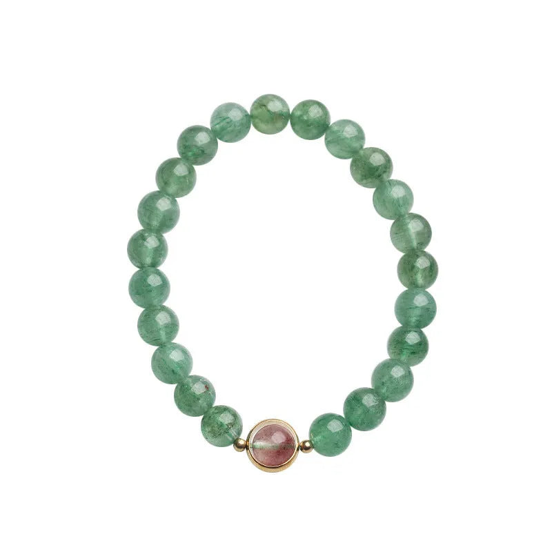 Natural green strawberry quartz 7.5mm bead hand-woven women's bracelet geometric Chinese-style design.