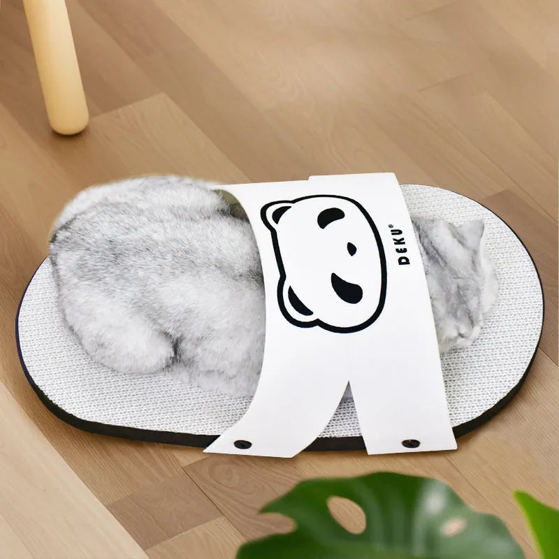 White slipper-style corrugated paper cat scratch board on a flat surface.