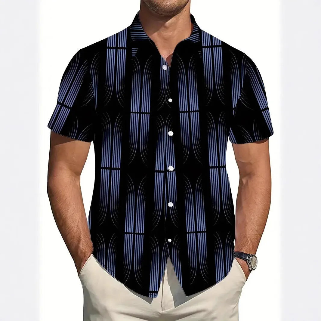 Men's slim fit geometric line print short sleeve shirt in a casual lapel style