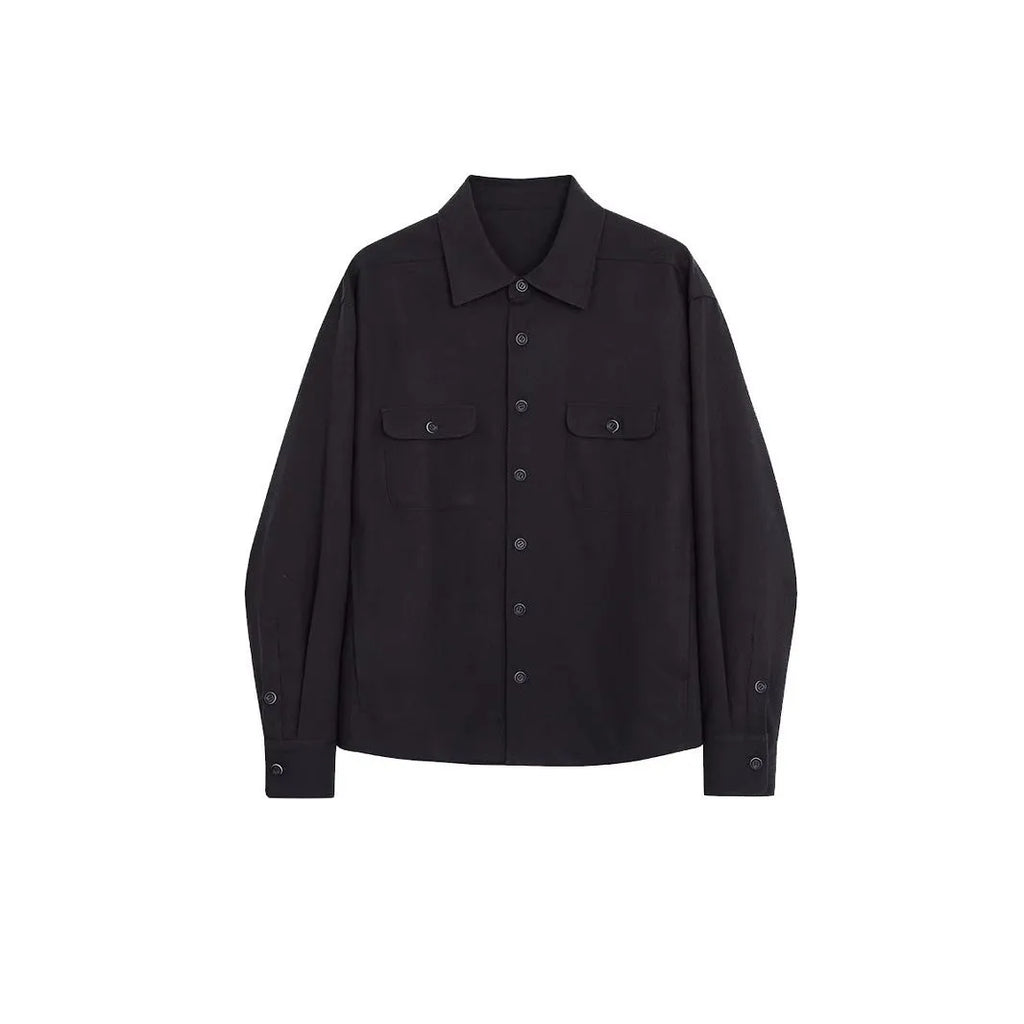 Men's light sand rice cotton lapel long sleeve shirt on a hanger.