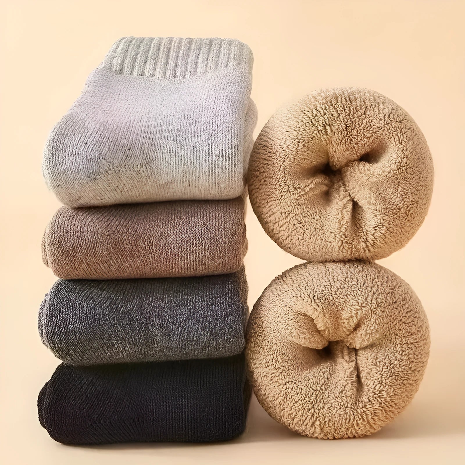 Pair of thick, solid-colour wool socks with a knitted texture, shown in a dark grey colour.