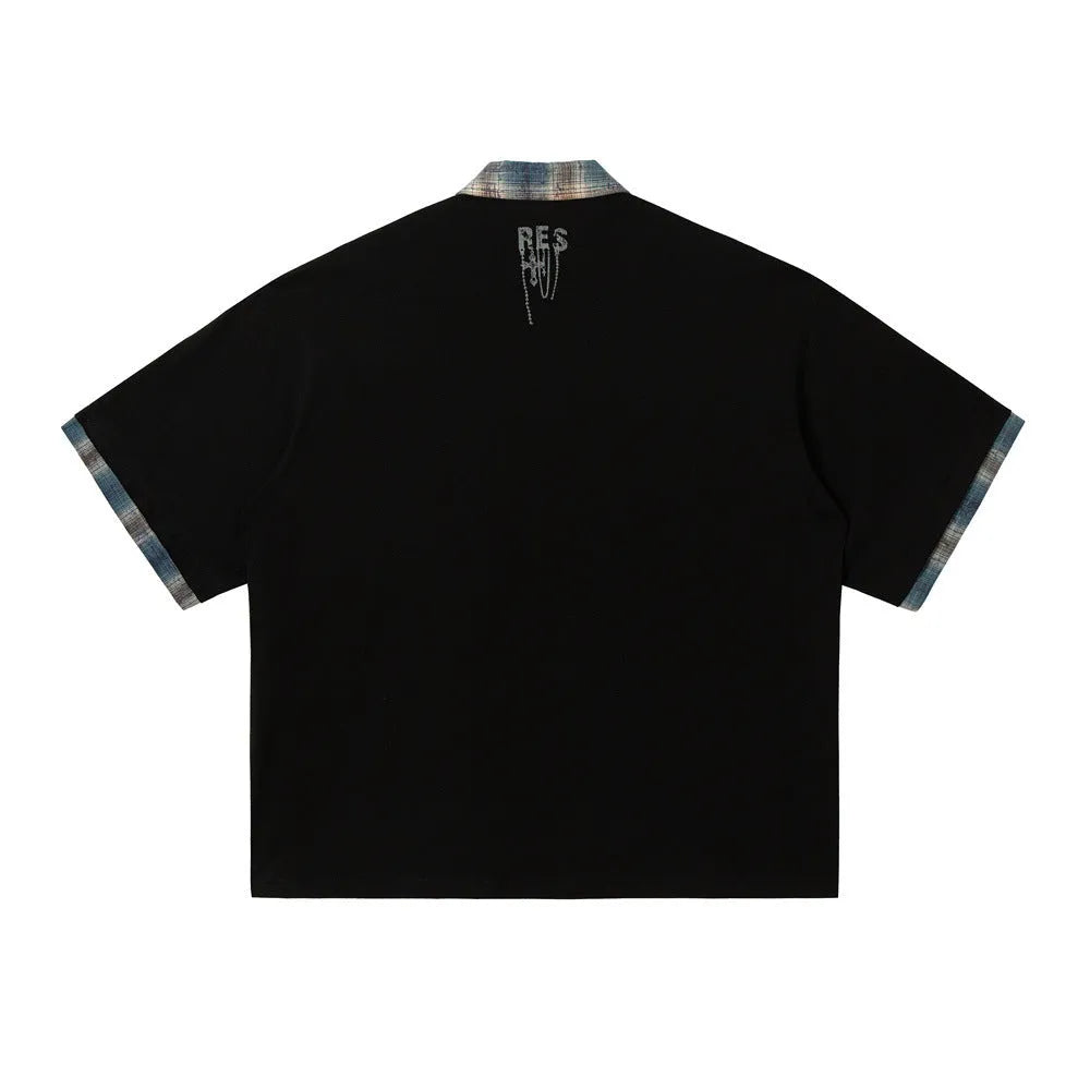 Men's loose fit cotton short-sleeved top with graffiti printing and asymmetric street style design