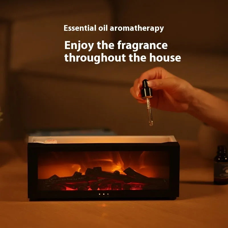 Square desktop flame effect essential oil diffuser humidifier with coloured LED base and remote control.