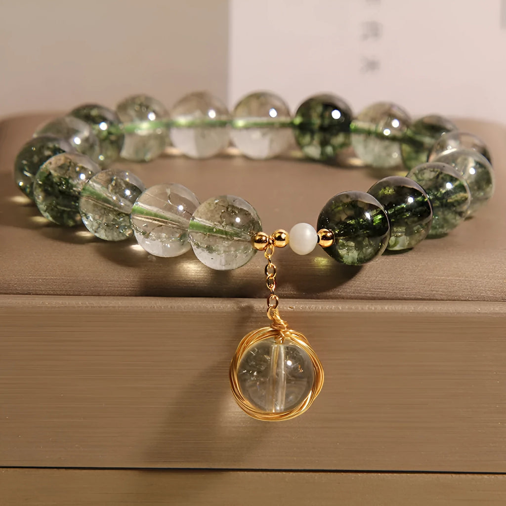 Green phantom quartz and crystal women's bracelet in Japanese Korean style.