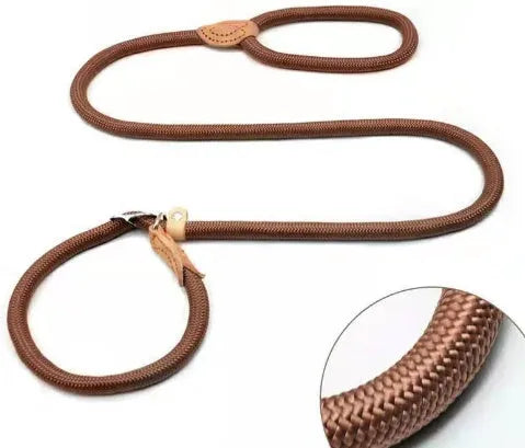 Brown nylon dog leash with a metal P-chain clip and a braided hand holding rope, shown at full 2.1 metre length.