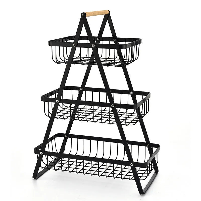 Black iron fruit basket with wooden handle showing detachable double-layer structure