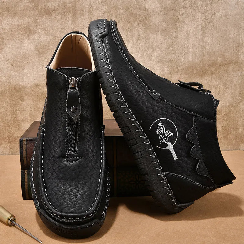 Men's black slip-on loafers with round toe and rubber sole shown in size 45