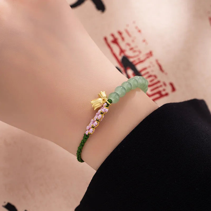 Hand-woven red rope bracelet with lily flower design, women's national style wrist accessory