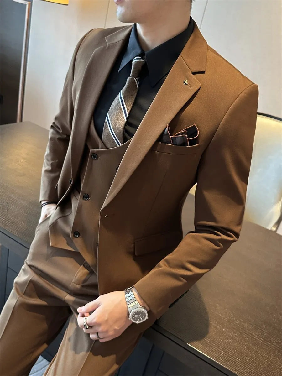 Men's dark green slim fit business suit jacket on a hanger.