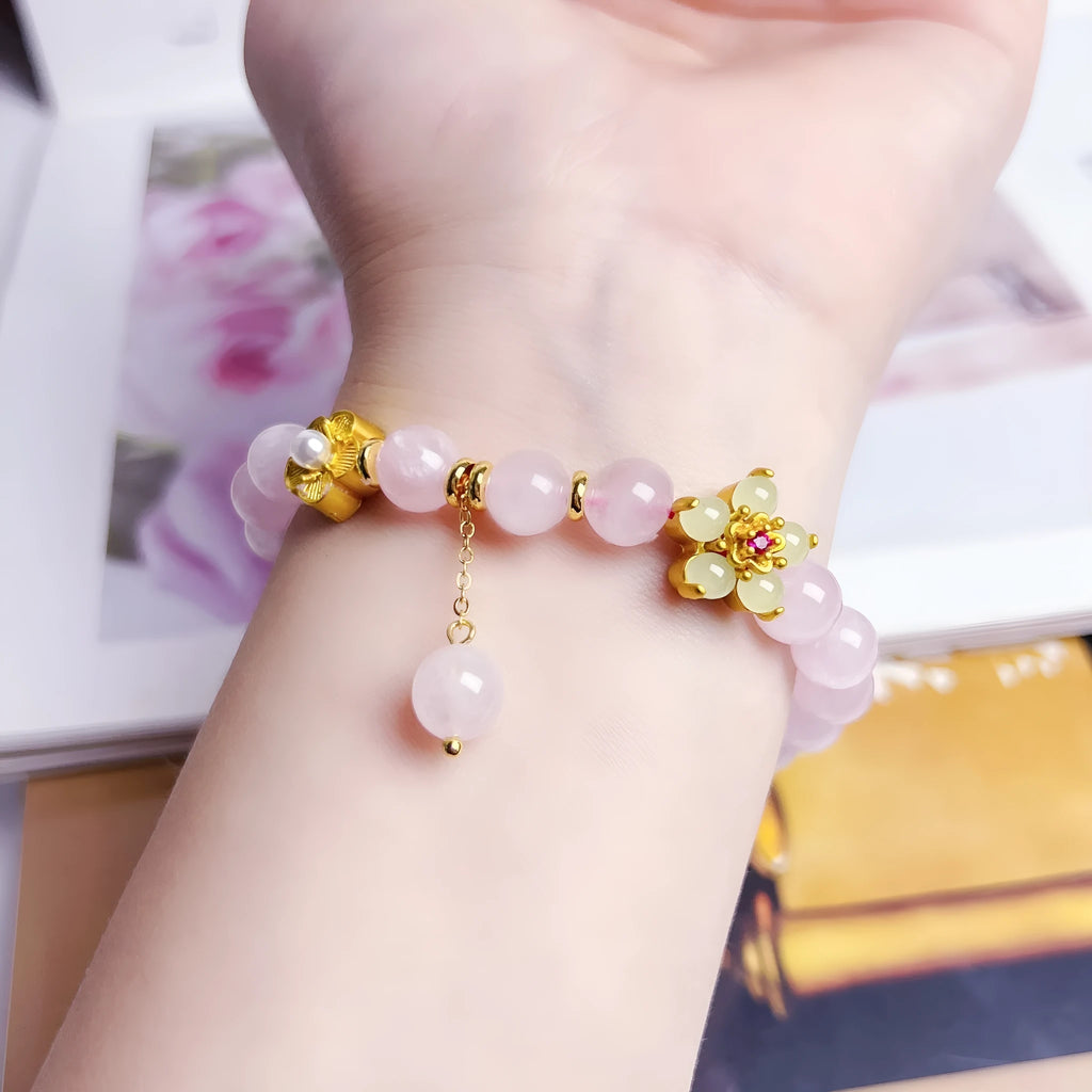 Pink crystal peach blossom bracelet with handmade beads for women