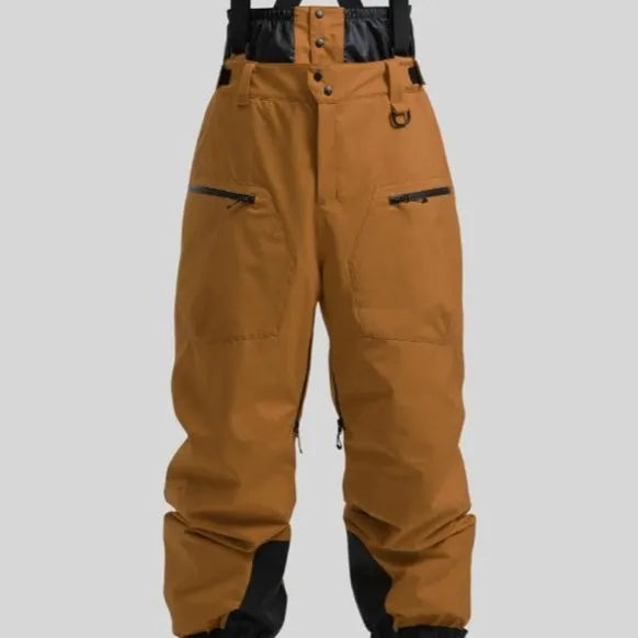 Men's black linen waterproof ski trousers with an adjustable thickened strap laid flat.