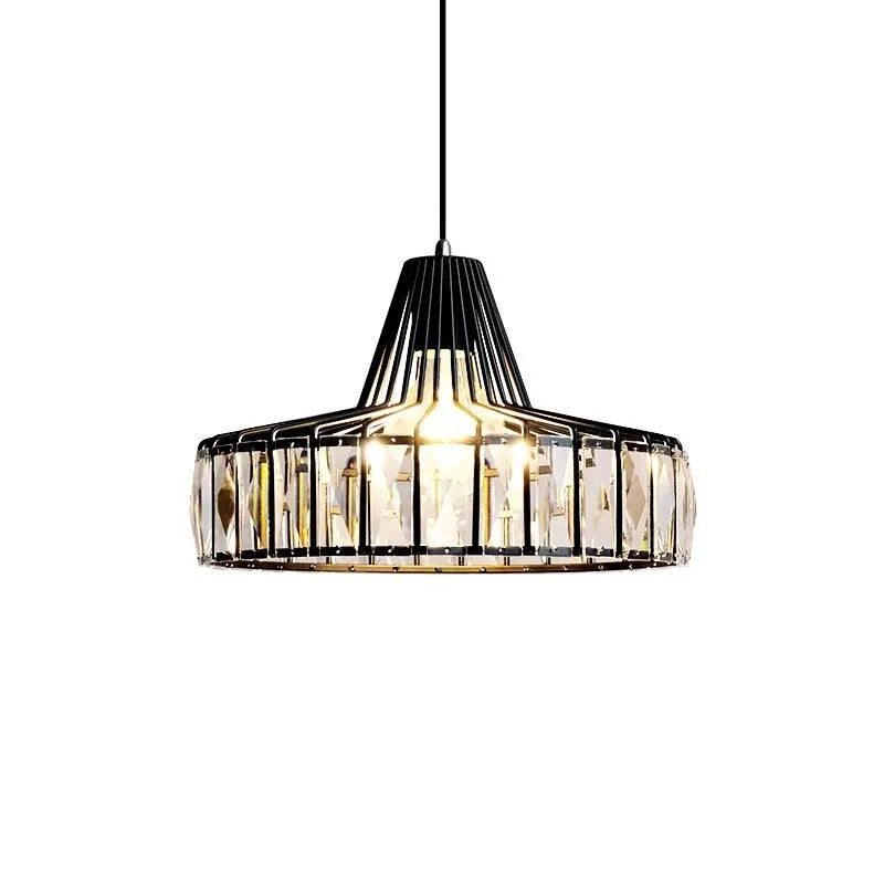 Modern crystal chandelier droplight with LED lights in black or gold finish, available in 18cm, 25cm, and 32cm sizes.