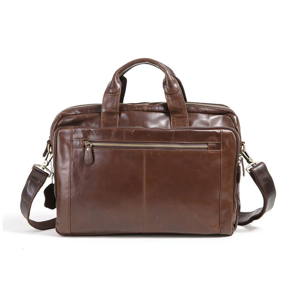 Brown 18 inch men's business briefcase in first layer cowhide with leather pattern texture