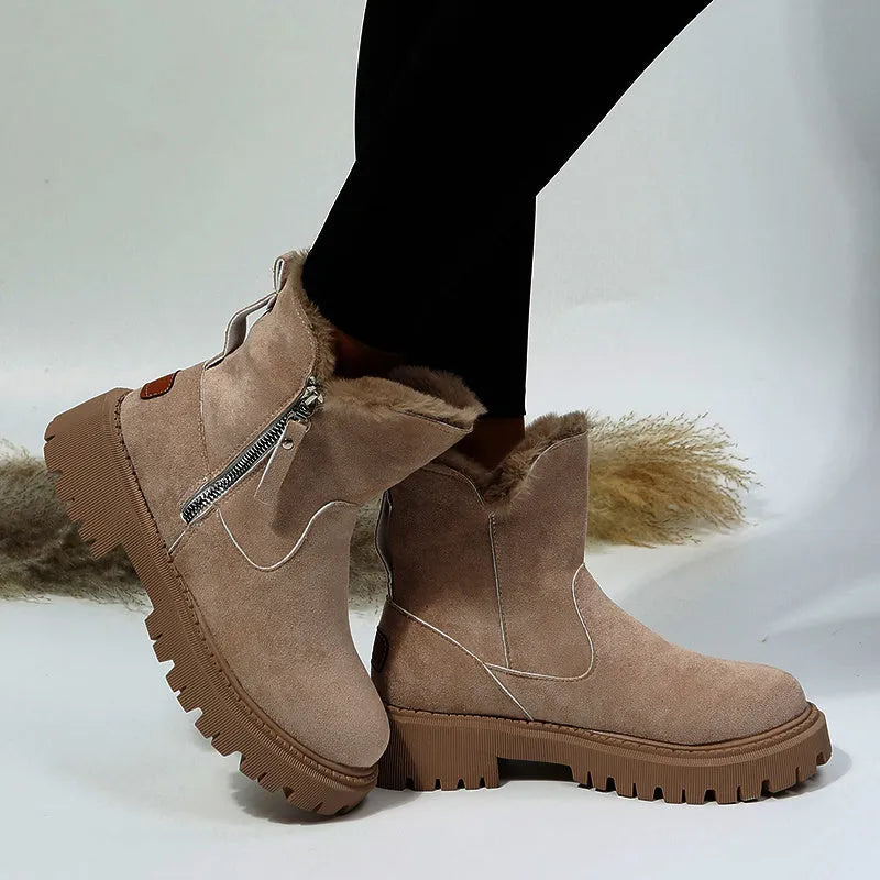 Black women's high-top snow boots with faux suede upper, side zipper, and thick plush lining.