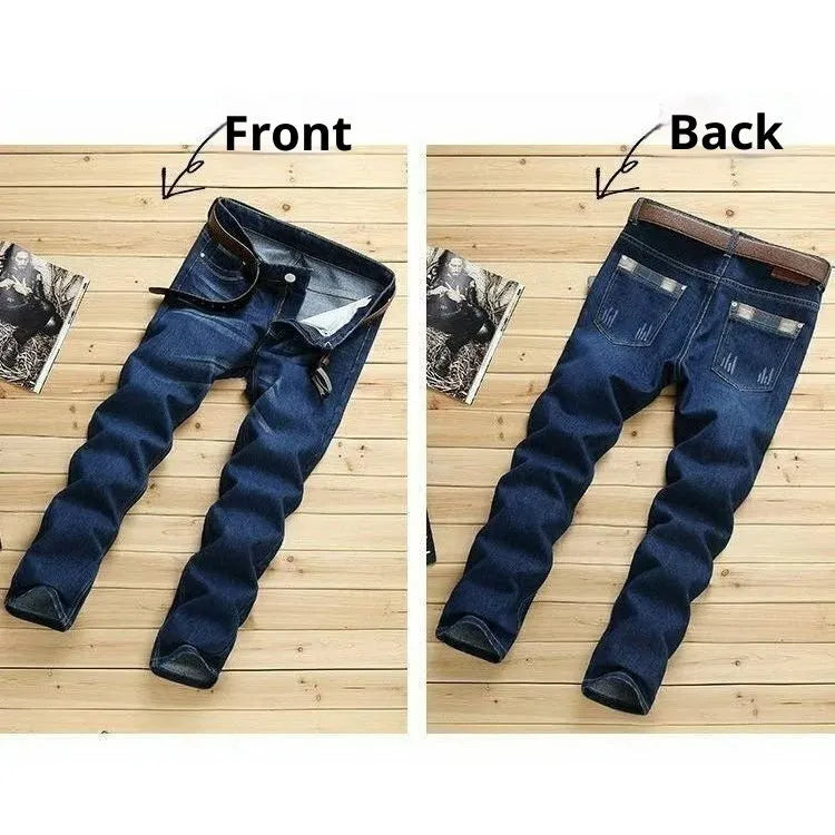 Men's dark blue slim-fit stretch skinny denim pants with zipper fly, side view