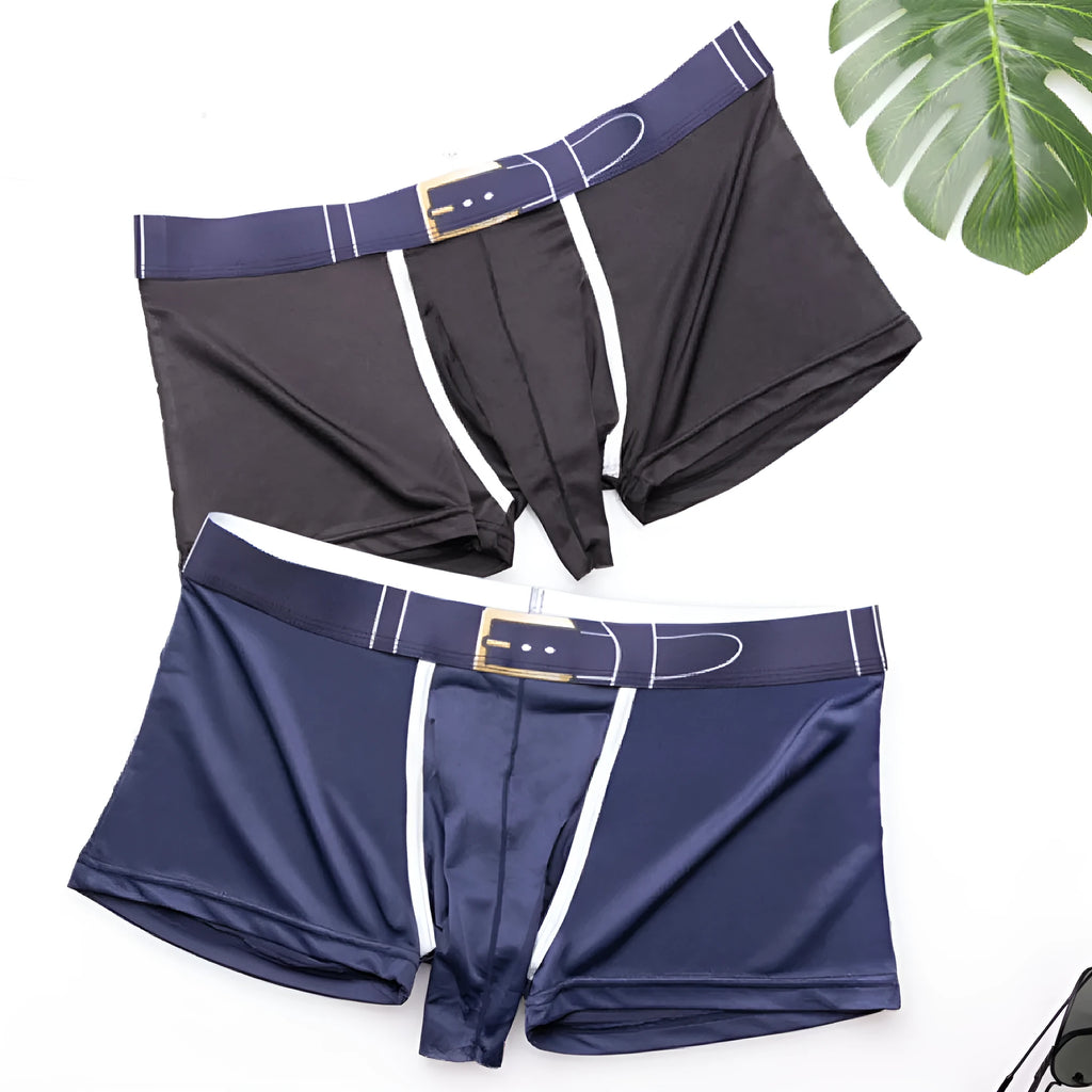 Men's solid colour ice silk boxer shorts on a mid-waist mannequin, showing grey, black, and blue colour options.