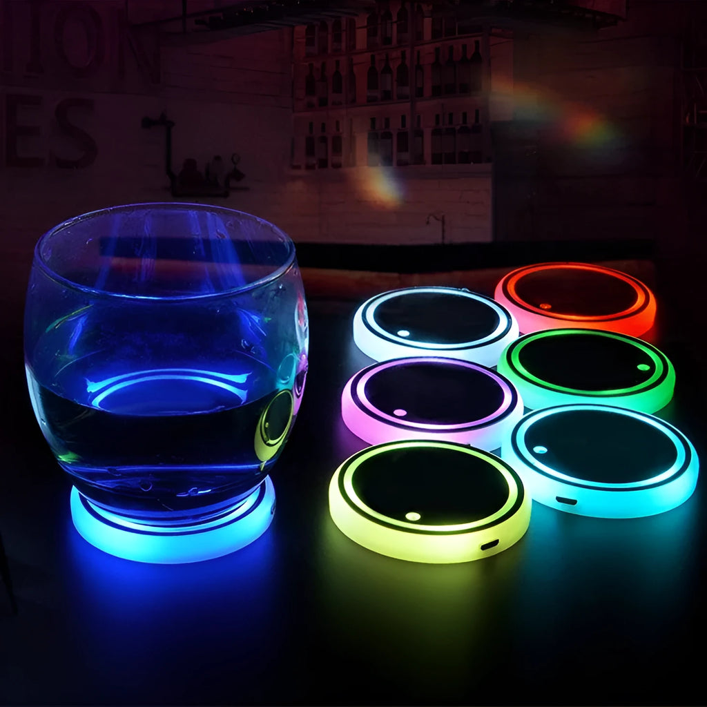 Car cup holder LED light coaster showing 68mm diameter and seven colour lighting options