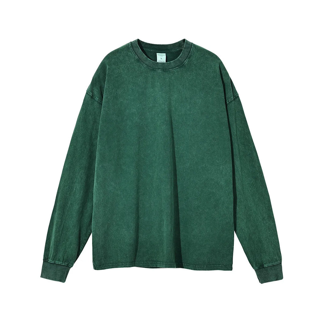 Men's vintage washed cotton pullover shirt in batik colour with loose fit and long sleeves