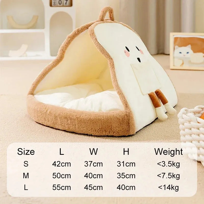 Green winter cat tent cave bed with plush blanket inside, shown in size L.