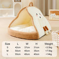 Green winter cat tent cave bed with plush blanket inside, shown in size L.