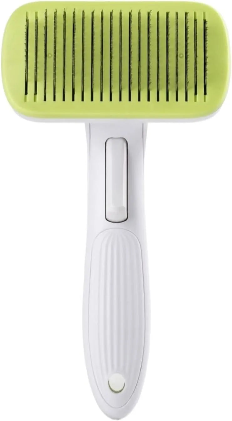 Automatic pet hair removal comb for dogs and cats in blue, showing one-click needle mechanism.