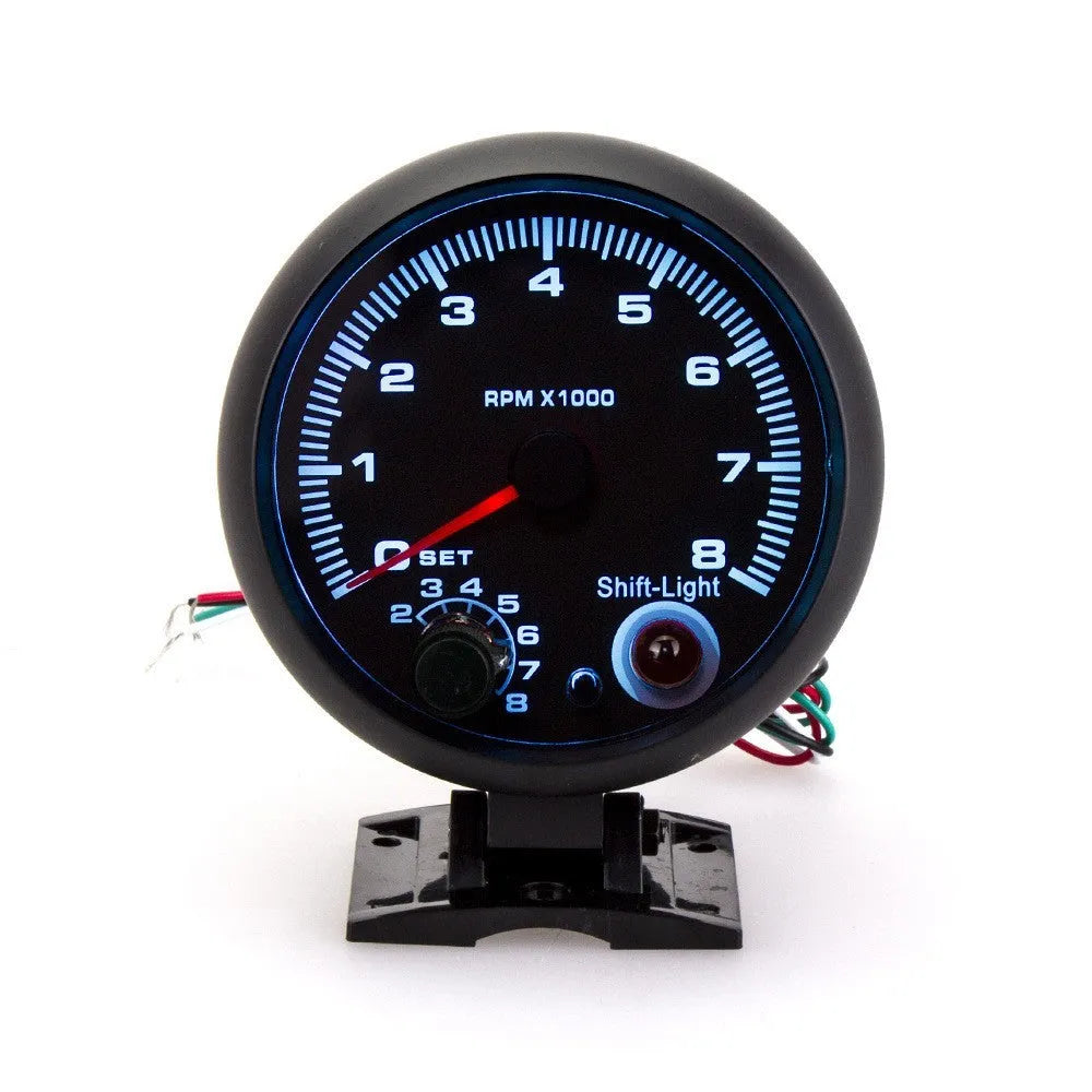Automotive tachometer with blue pointer display measuring 95mm diameter for 12V vehicle installation